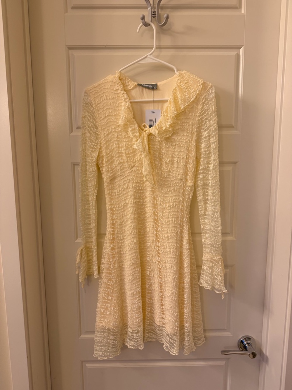 Three Bird Nest Light Yellow Ruffled Tie-Neck Long Sleeve Dress